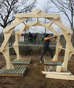 Timber-frame pavilion built from a plan