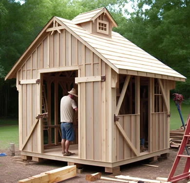 Wooden garden shed being built from a plan